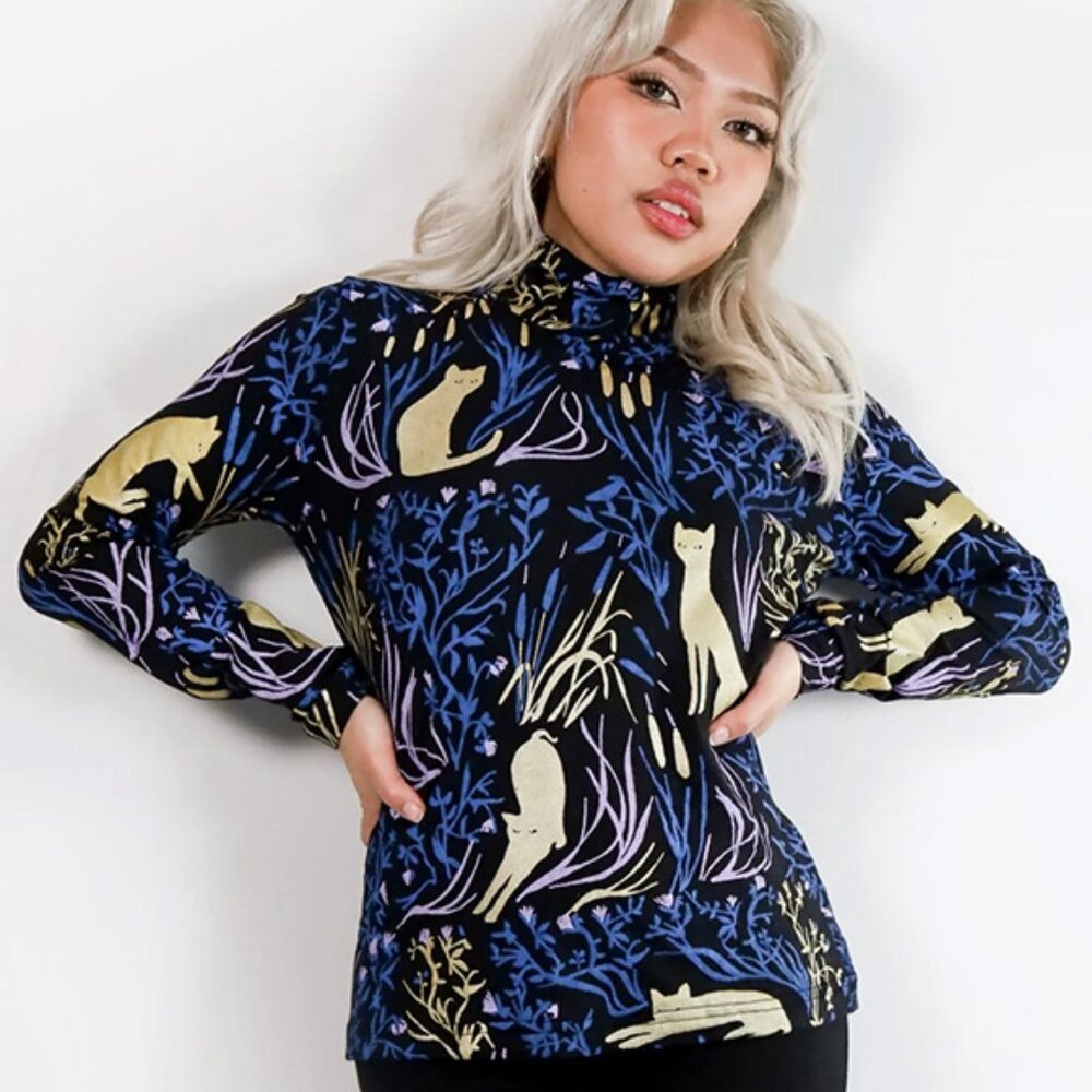 Thief and Bandit Cattails Turtleneck - Size M - Black with Gold and Blue Print